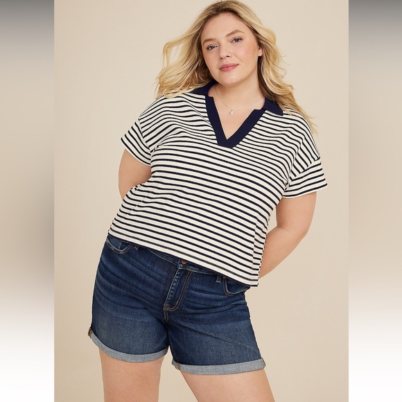 Plus Size Cropped Court Polo Striped Tee NWT - Picture 3 of 4